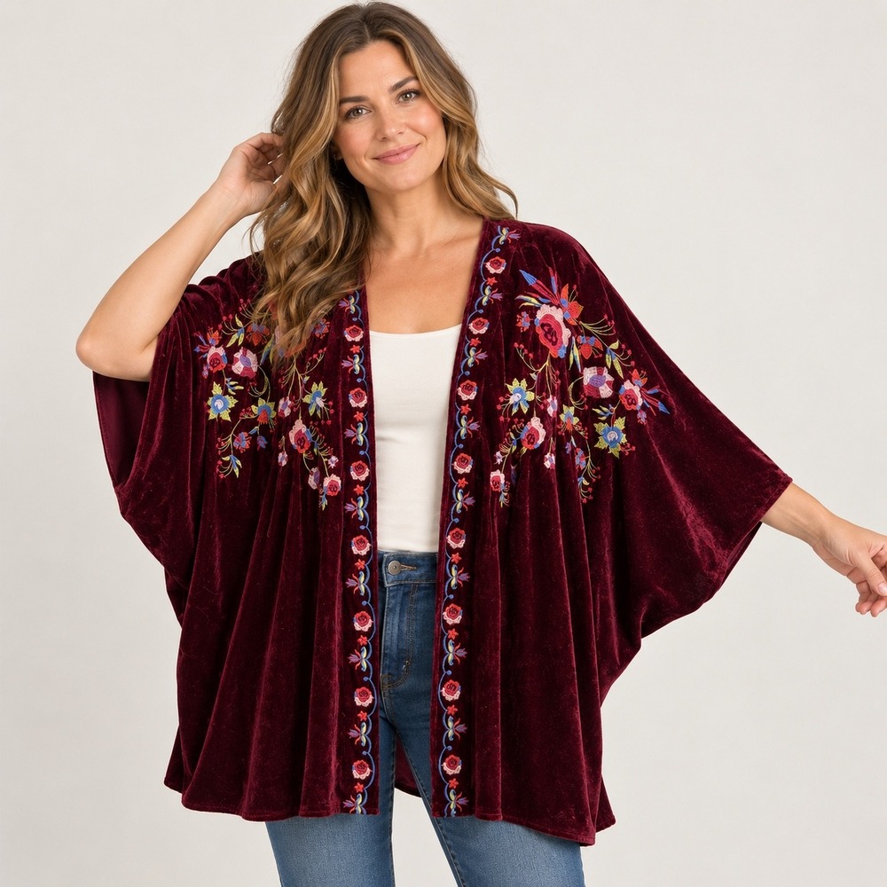 Umgee Kimono Women M/L Burgundy Velvet Floral Embroidered Dolman Open Front